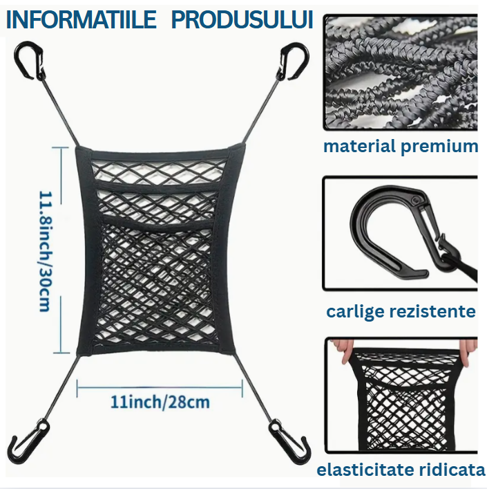 Plasă auto elastică pentru depozitare și protecție între scaune
