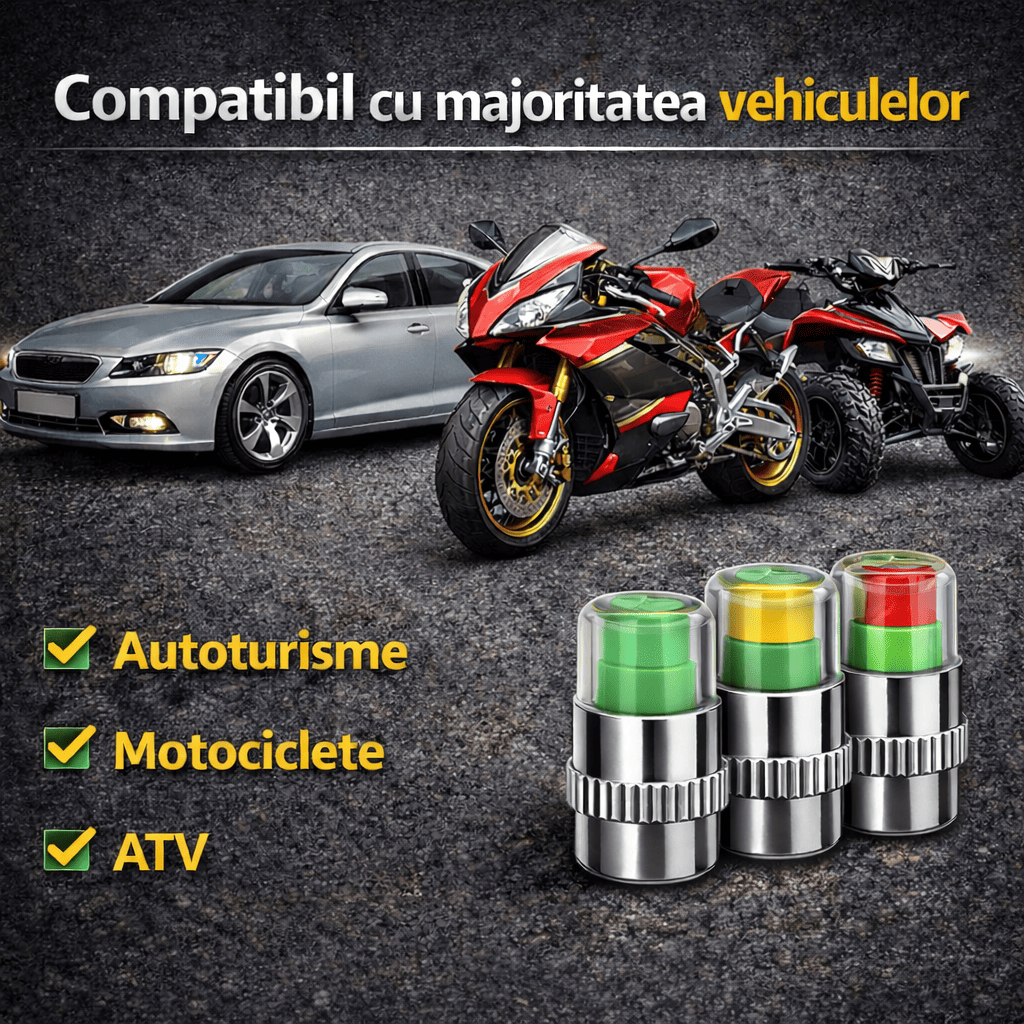 Set 4 Capace Valve cu Indicator Presiune pentru Anvelope