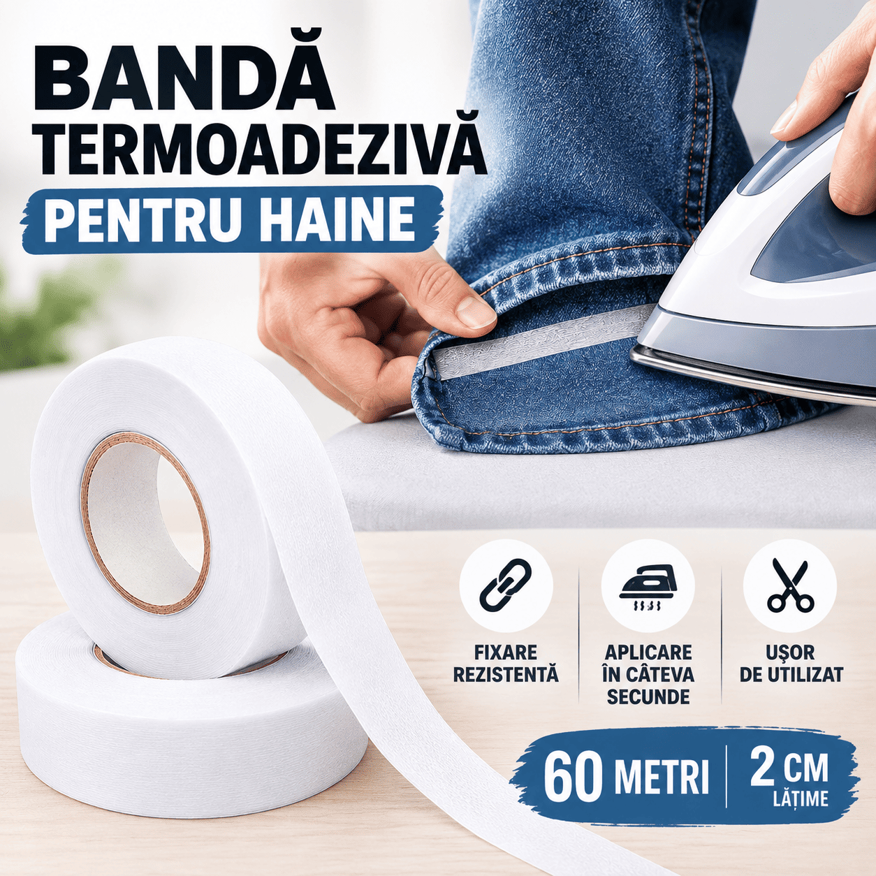 Set 2 Benzi Termoadezive pentru Haine – Scurtează și Repară Fără Cusut – 60m x 2cm