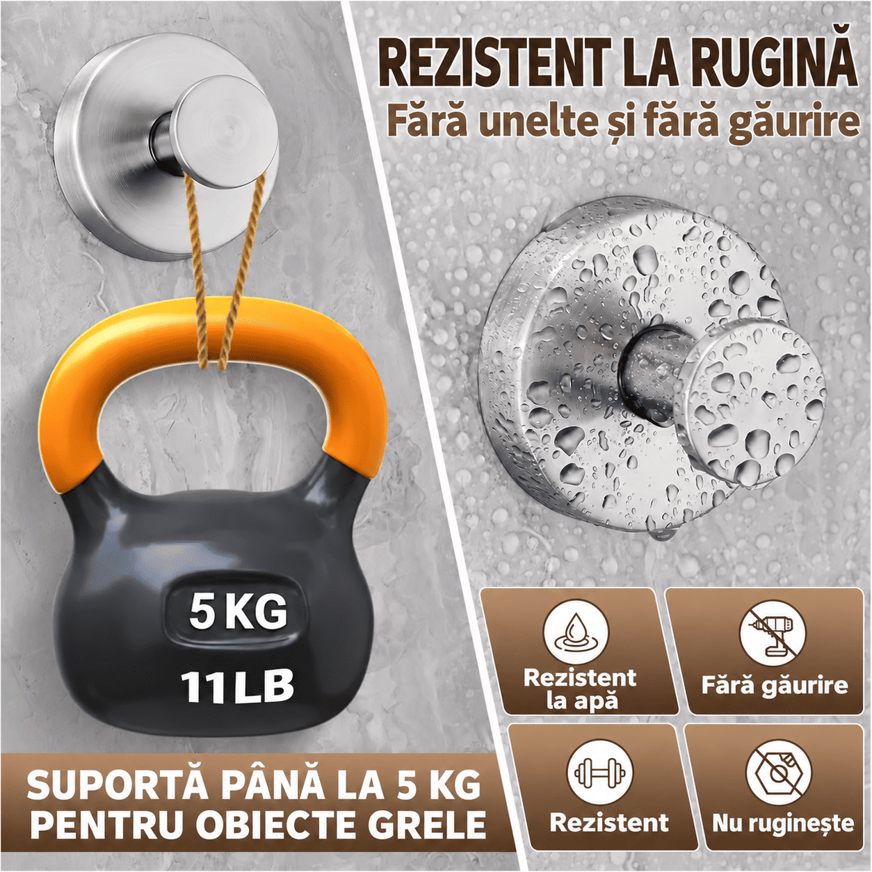 Set 2 Cârlige din Otel Inoxidabil Multifuncționale cu Fixare prin Vidare