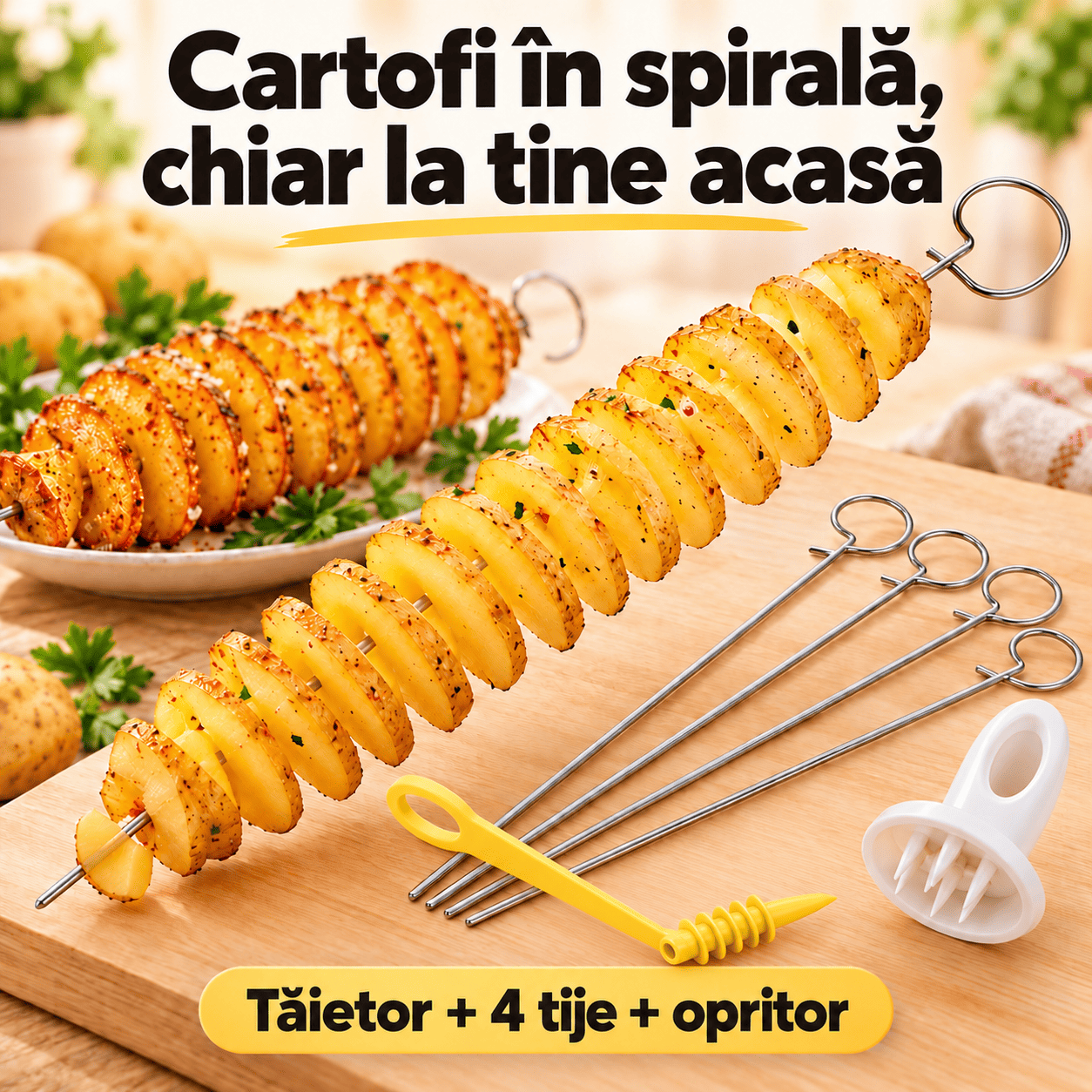 Tăietor de Cartofi în Spirală – Set cu 4 Sârme și Opritor
