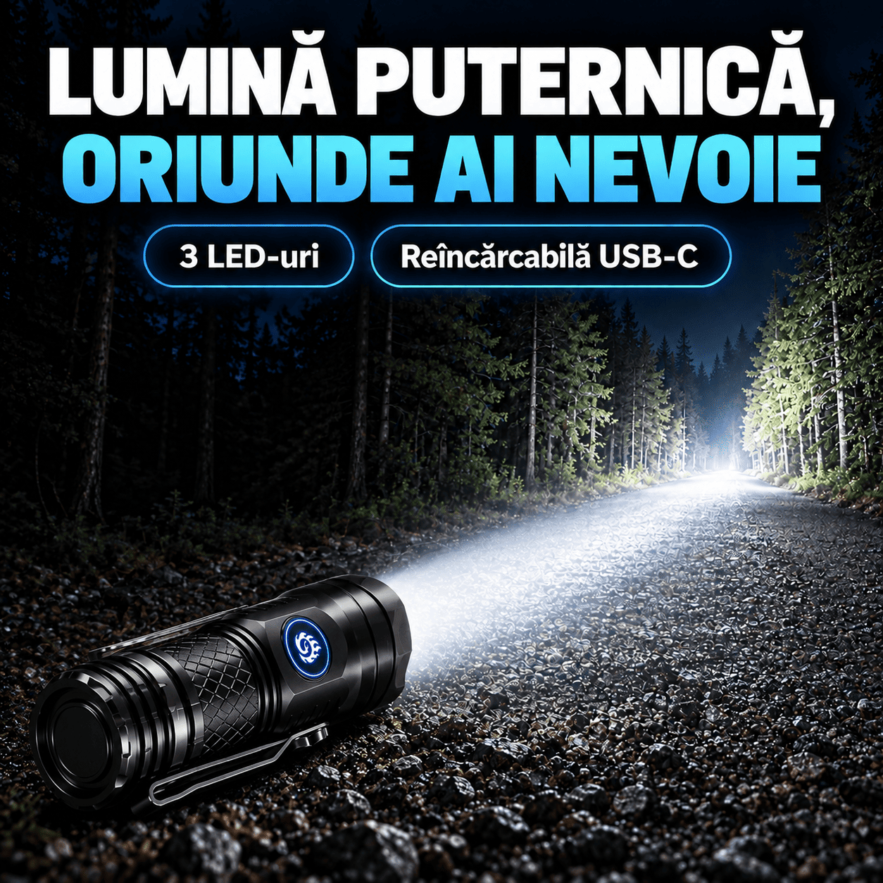 Lanternă LED Reîncărcabilă prin USB-C Ultra-Compactă cu 3 LED-uri