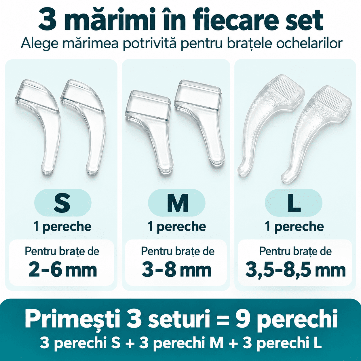 Cârlige antialunecare pentru ochelari – 3 seturi = 9 perechi (3S + 3M + 3L)