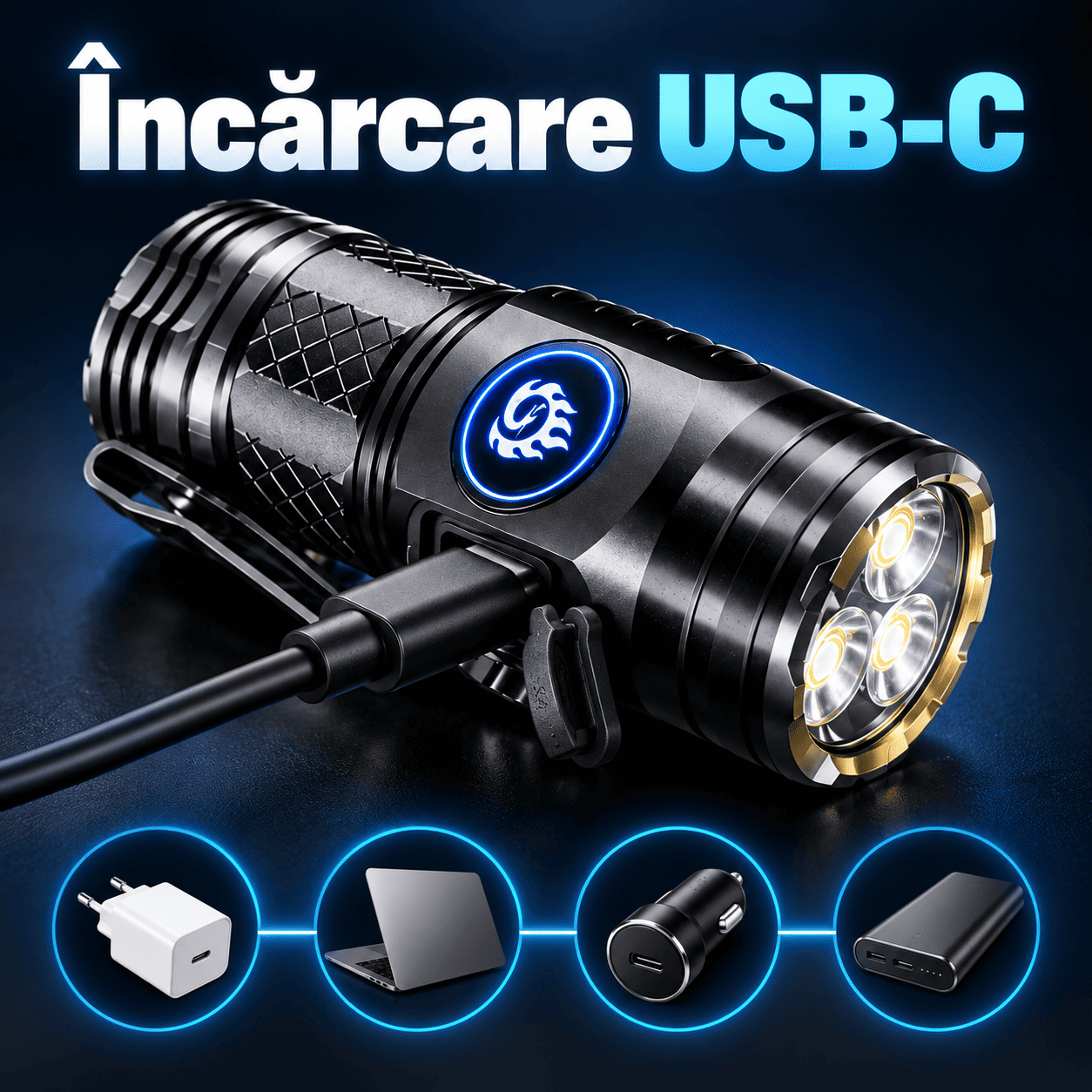 Lanternă LED Reîncărcabilă prin USB-C Ultra-Compactă cu 3 LED-uri
