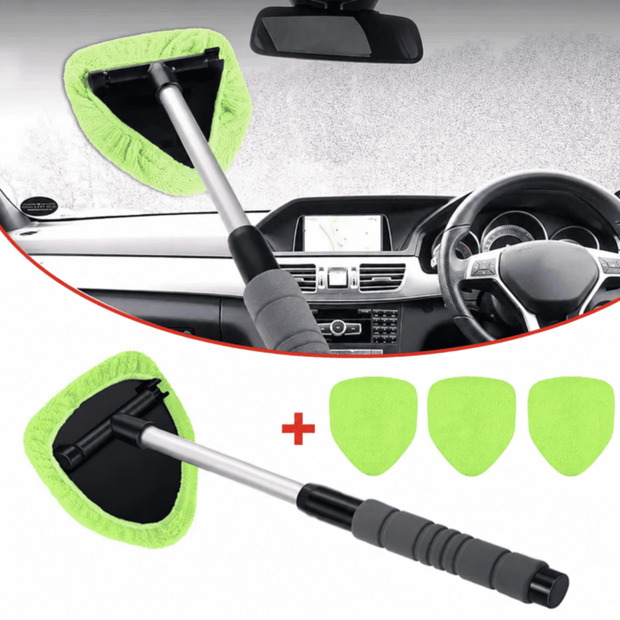 Lavetă cu mâner pentru curățarea parbrizului pe interior + 3 rezerve
