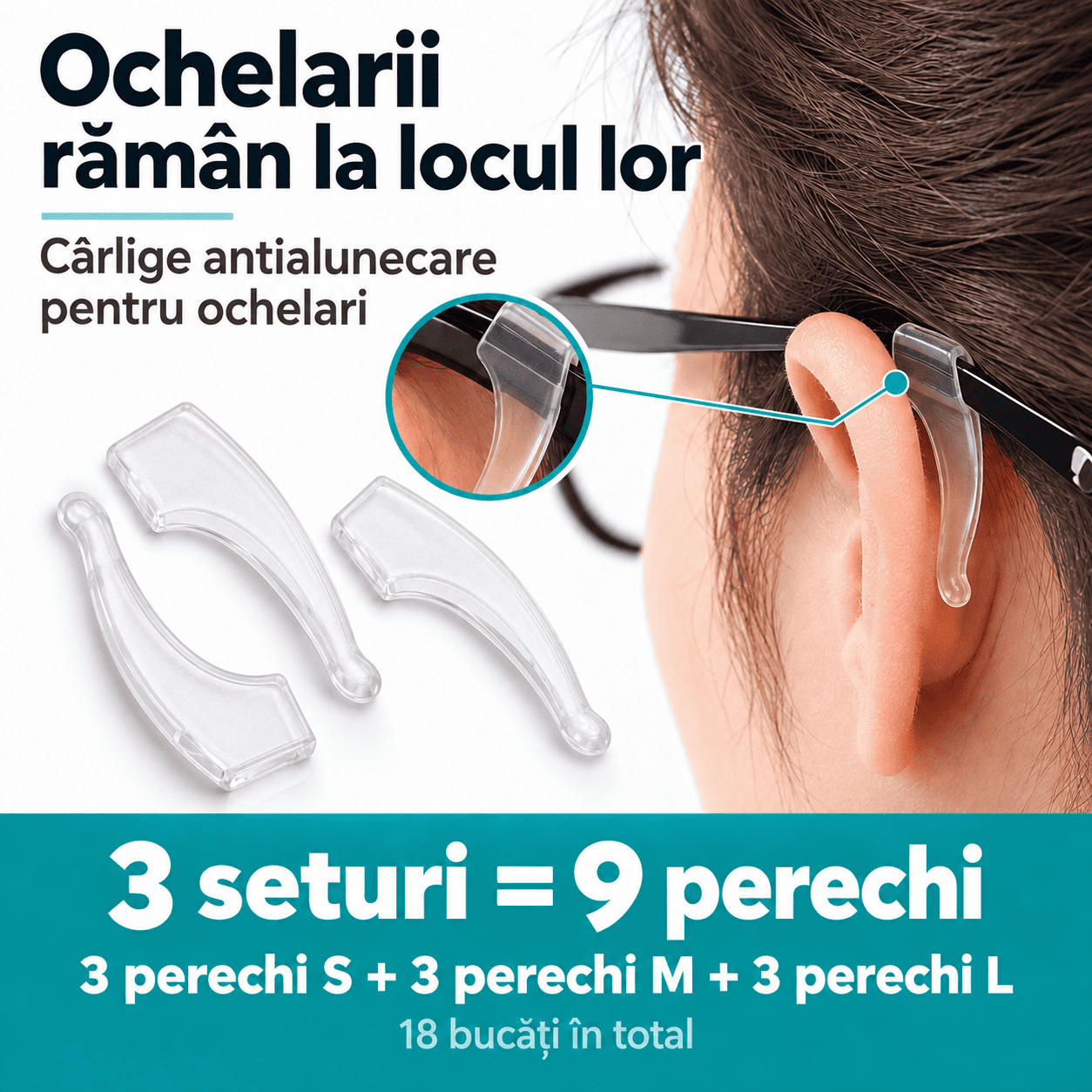 Cârlige antialunecare pentru ochelari – 3 seturi = 9 perechi (3S + 3M + 3L)