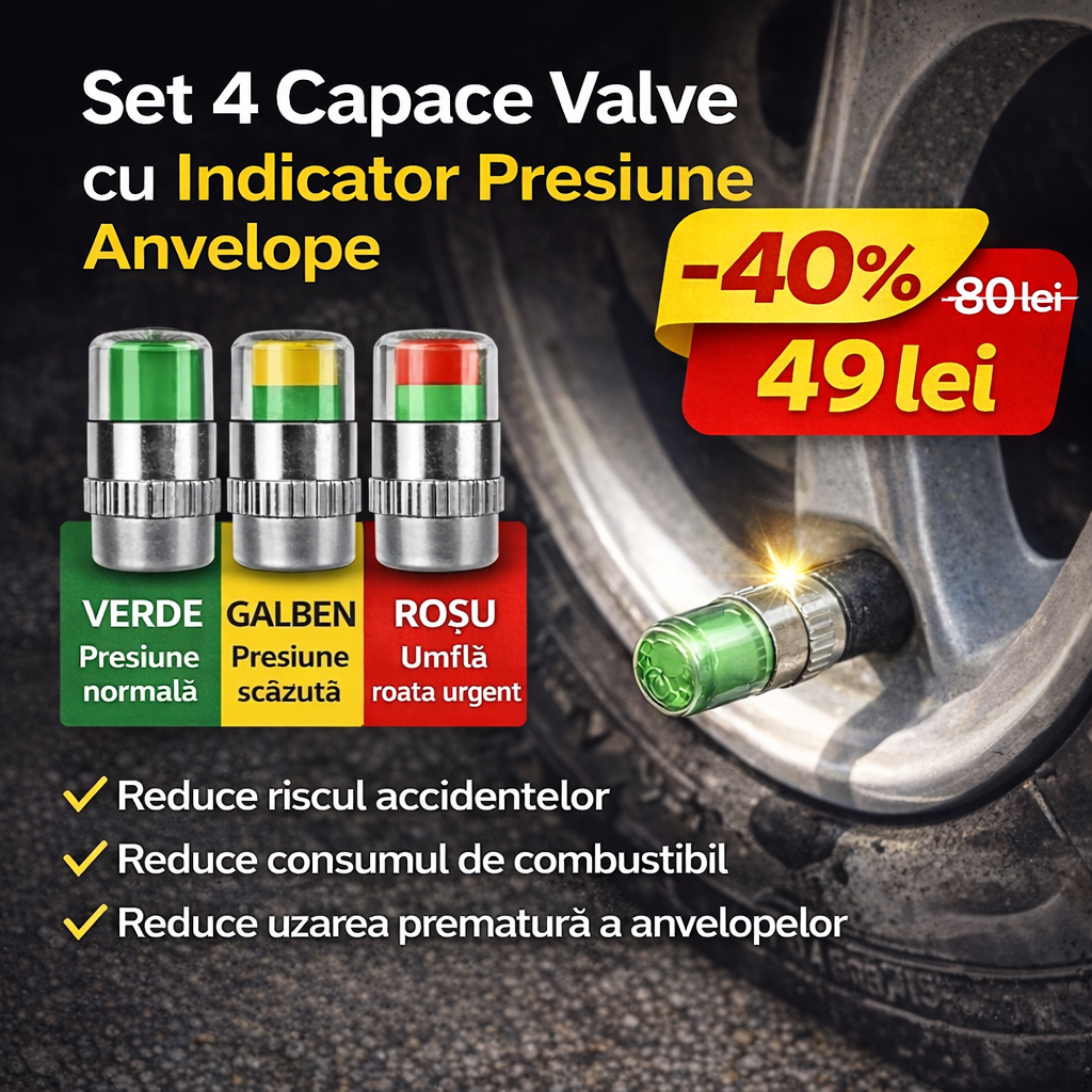 Set 4 Capace Valve cu Indicator Presiune pentru Anvelope