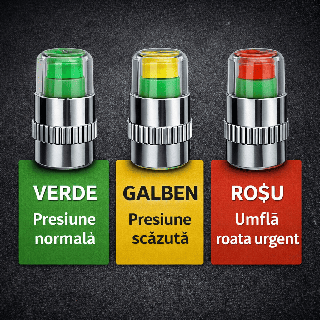 Set 4 Capace Valve cu Indicator Presiune pentru Anvelope
