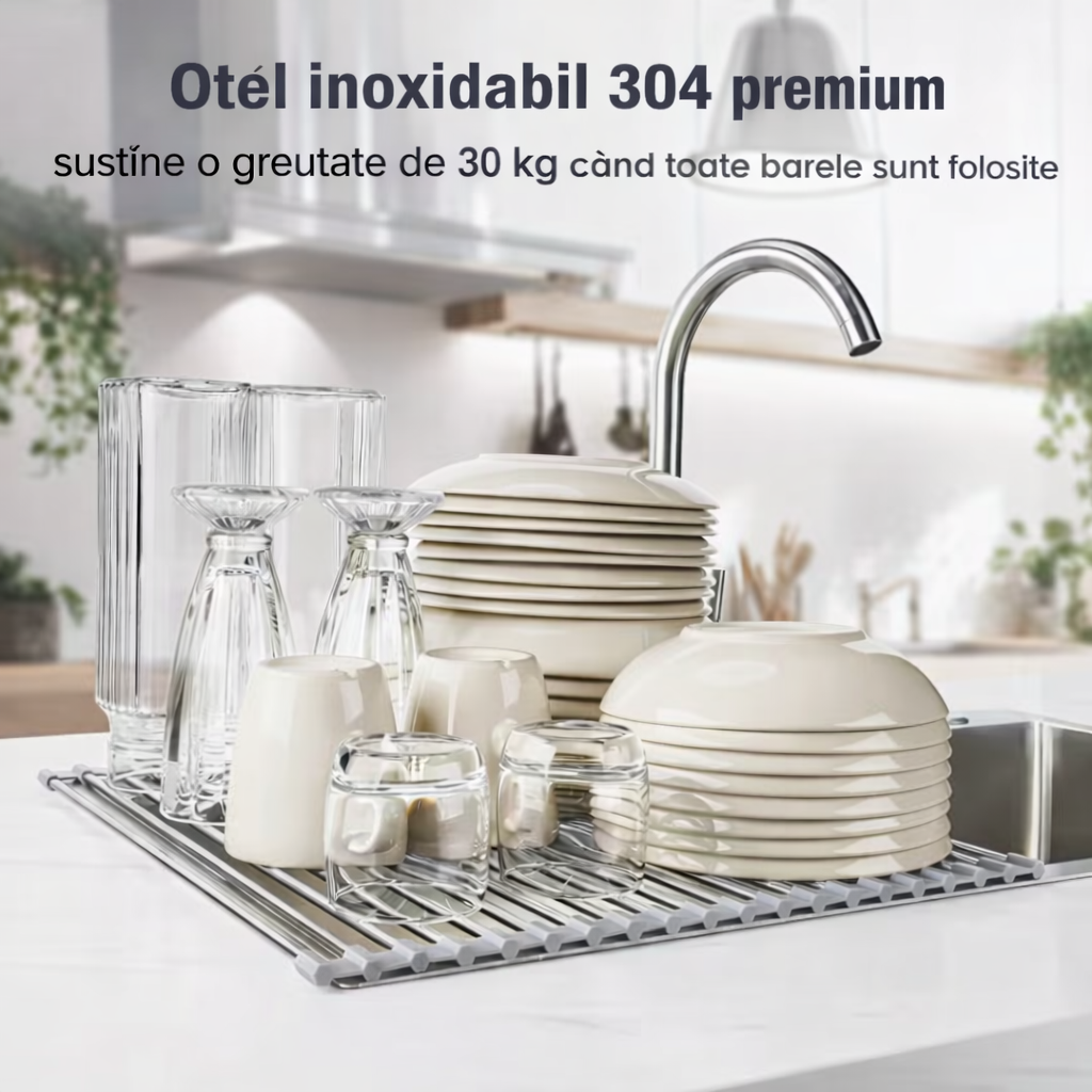 Scurgător rulabil pentru chiuvetă – multifuncțional din inox, lungime 47 cm x 38 cm latime