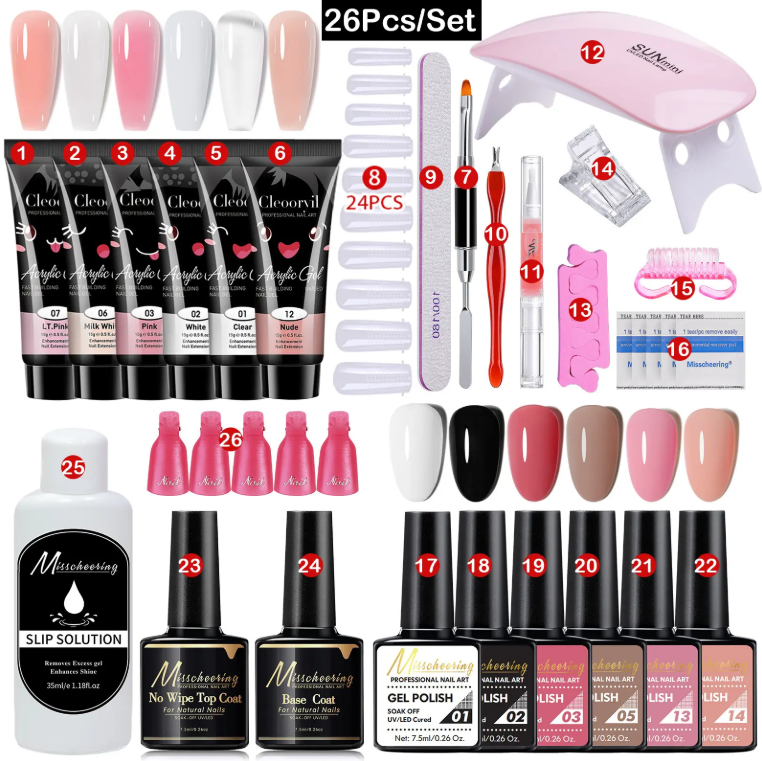 Kit complet pentru unghii Polygel – 26 piese cu lampă UV și culori multiple