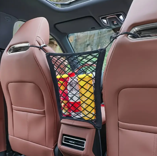 Plasă auto elastică pentru depozitare și protecție între scaune