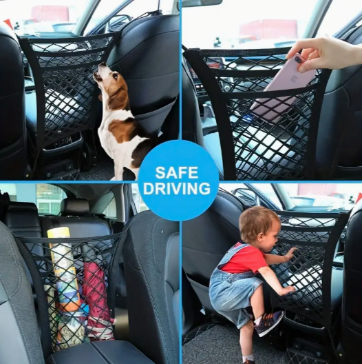 Plasă auto elastică pentru depozitare și protecție între scaune