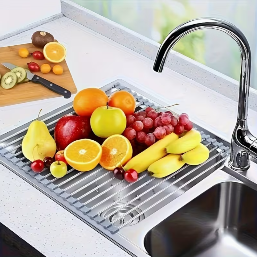 Scurgător rulabil pentru chiuvetă – multifuncțional din inox, lungime 47 cm x 38 cm latime