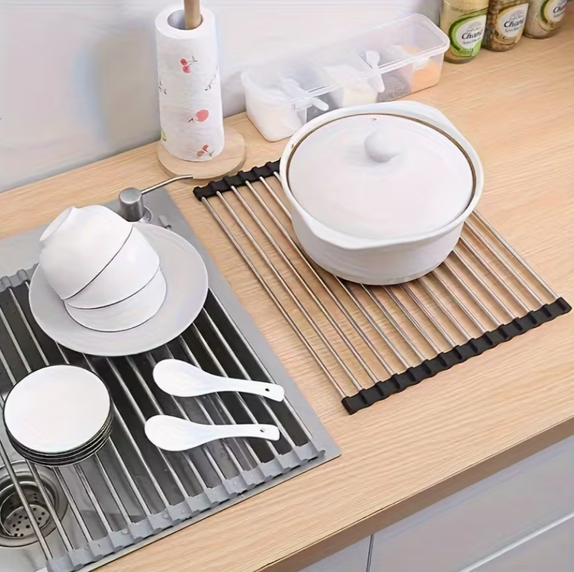 Scurgător rulabil pentru chiuvetă – multifuncțional din inox, lungime 47 cm x 38 cm latime