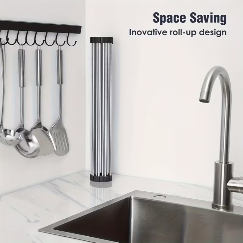 Scurgător rulabil pentru chiuvetă – multifuncțional din inox, lungime 47 cm x 38 cm latime