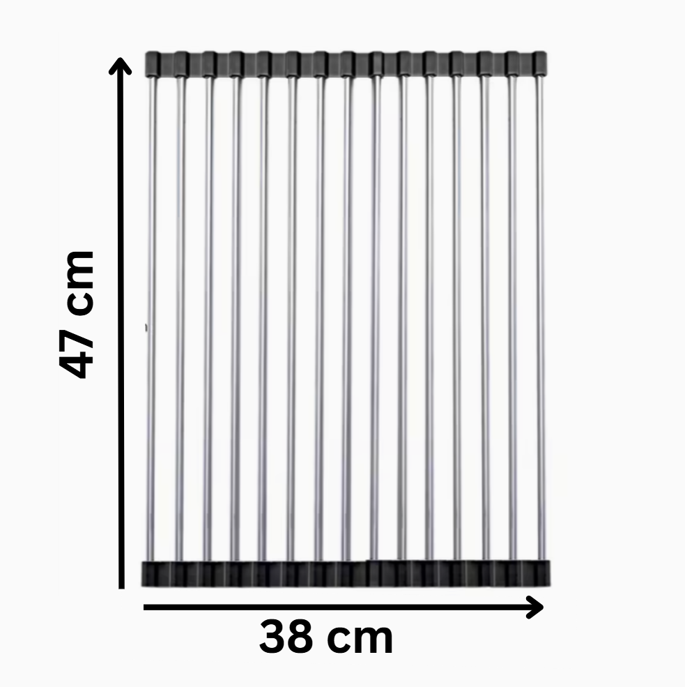 Scurgător rulabil pentru chiuvetă – multifuncțional din inox, lungime 47 cm x 38 cm latime