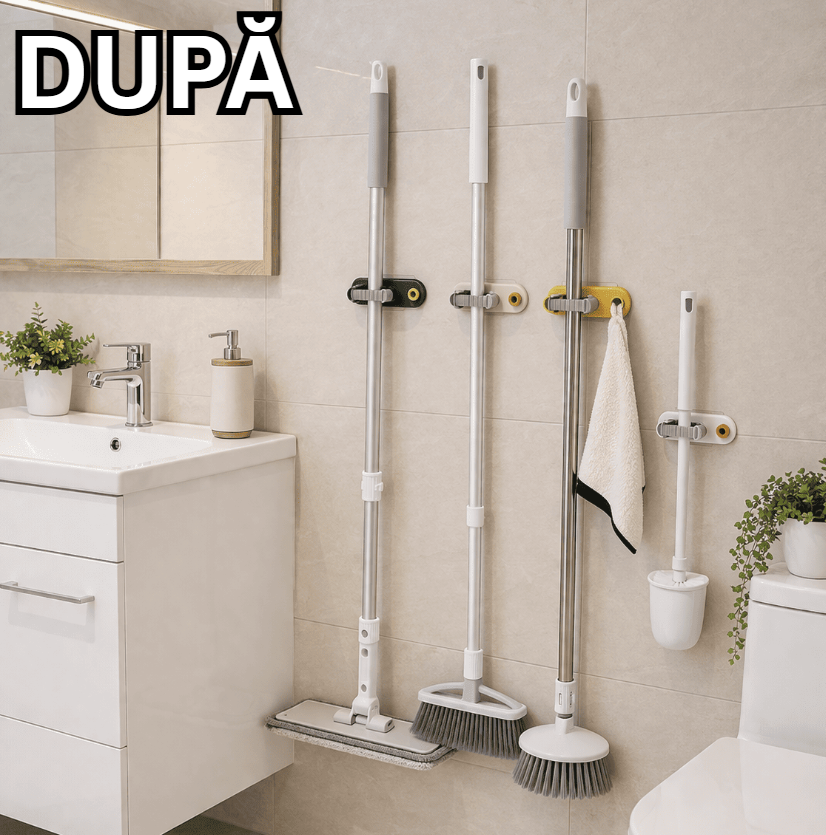 Set 3 Suporti pentru Mop, Mături & Unelte – Montaj Fără Găurire