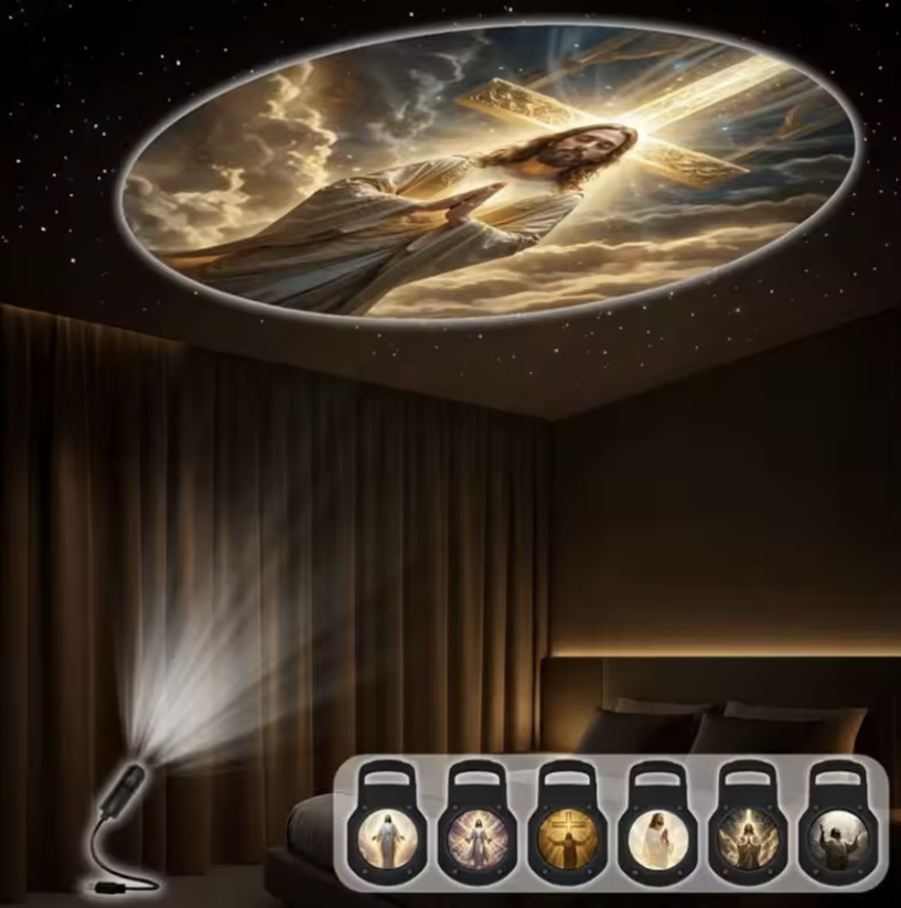 Lampa Holografică cu Iisus sau Fecioara Maria – 6 Proiecții Interschimbabile
