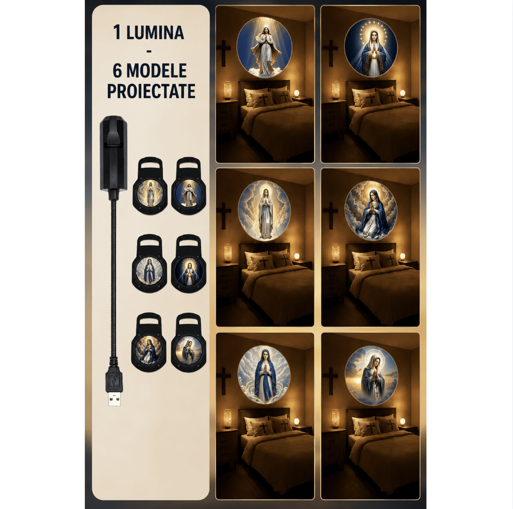 Lampa Holografică cu Iisus sau Fecioara Maria – 6 Proiecții Interschimbabile