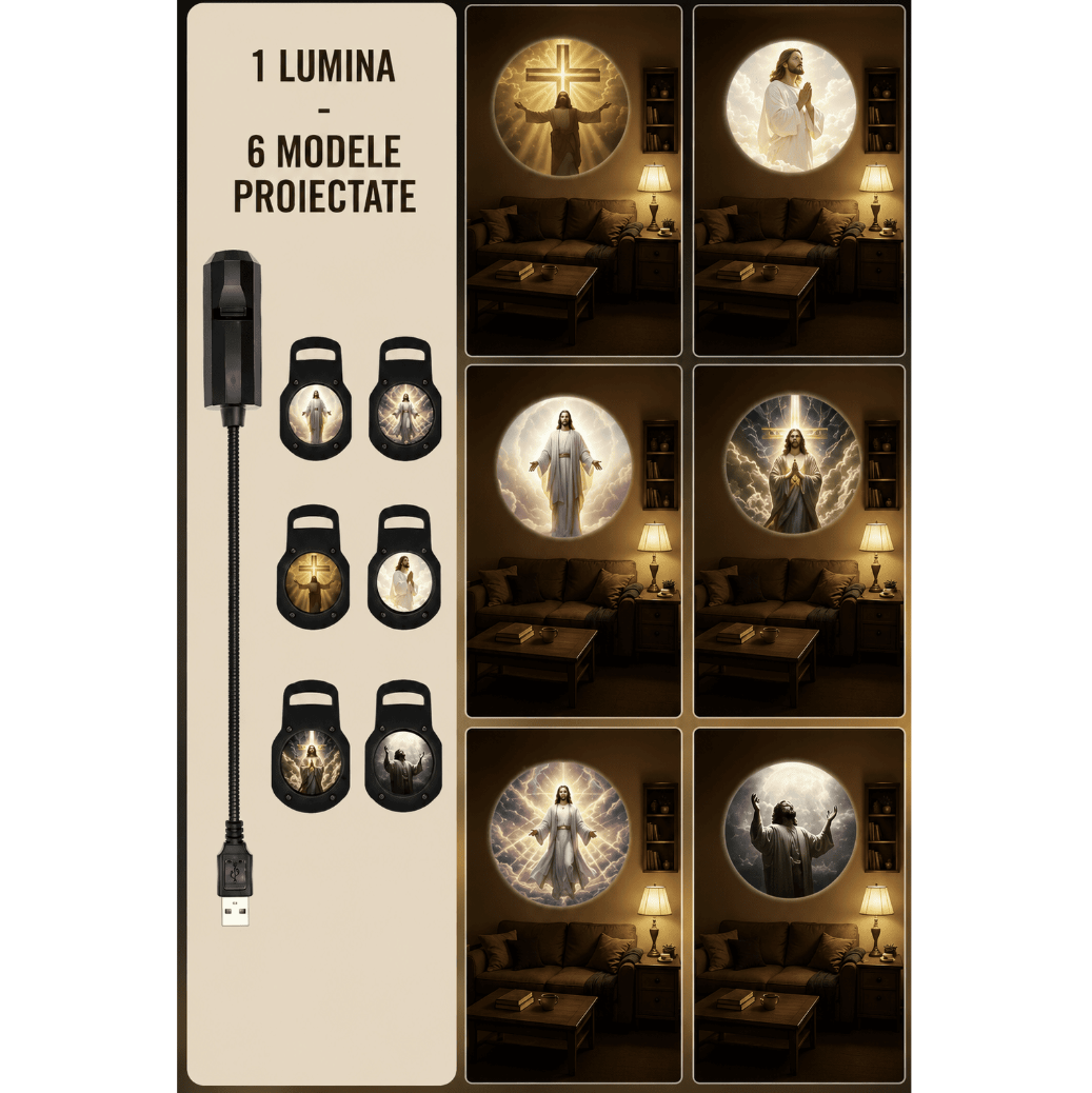 Lampa Holografică cu Iisus sau Fecioara Maria – 6 Proiecții Interschimbabile